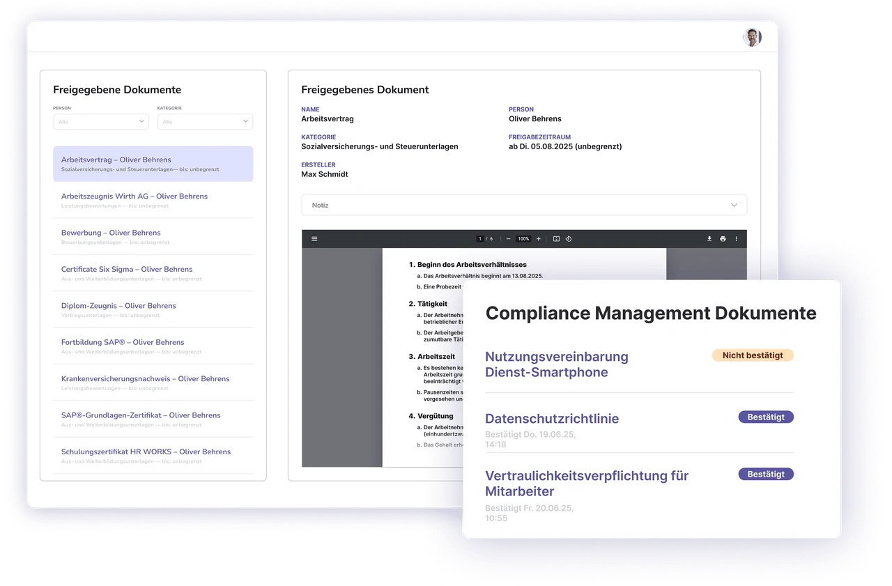 HR WORKS Personalverwaltung: digitale Personalakte mit freigegebenen Dokumenten, Mitarbeiterprofil und Compliance-Management-Übersicht