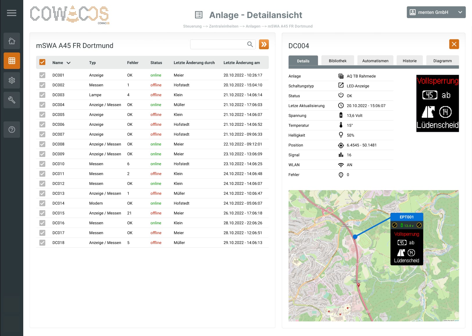 CowacOS-Dashboard für mobile Stauwarnanlagen: Anlagenliste mit Status und letzter Änderung links, Detailansicht einer ausgewählten Anlage mit Standortkarte, Sensorik-Werten und Anlagenfotos rechts.